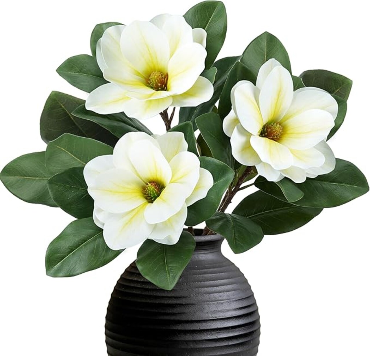 3-Piece Artificial Magnolia Flower Stems - 24.4" Real-Touch Silk Magnolias - Realistic Faux Floral Branches for Tall Vases, Wedding Centerpieces, and Elegant Home Kitchen Table Decor (White)